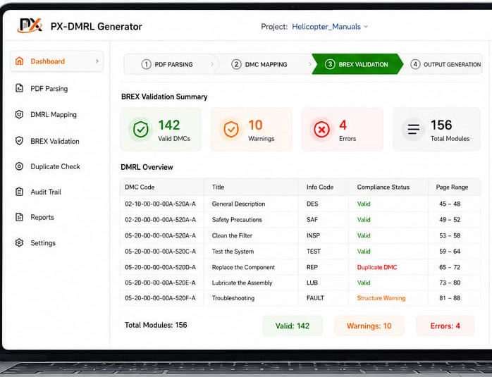 PxDocStudio DMRL Generator interface with BREX compliance check